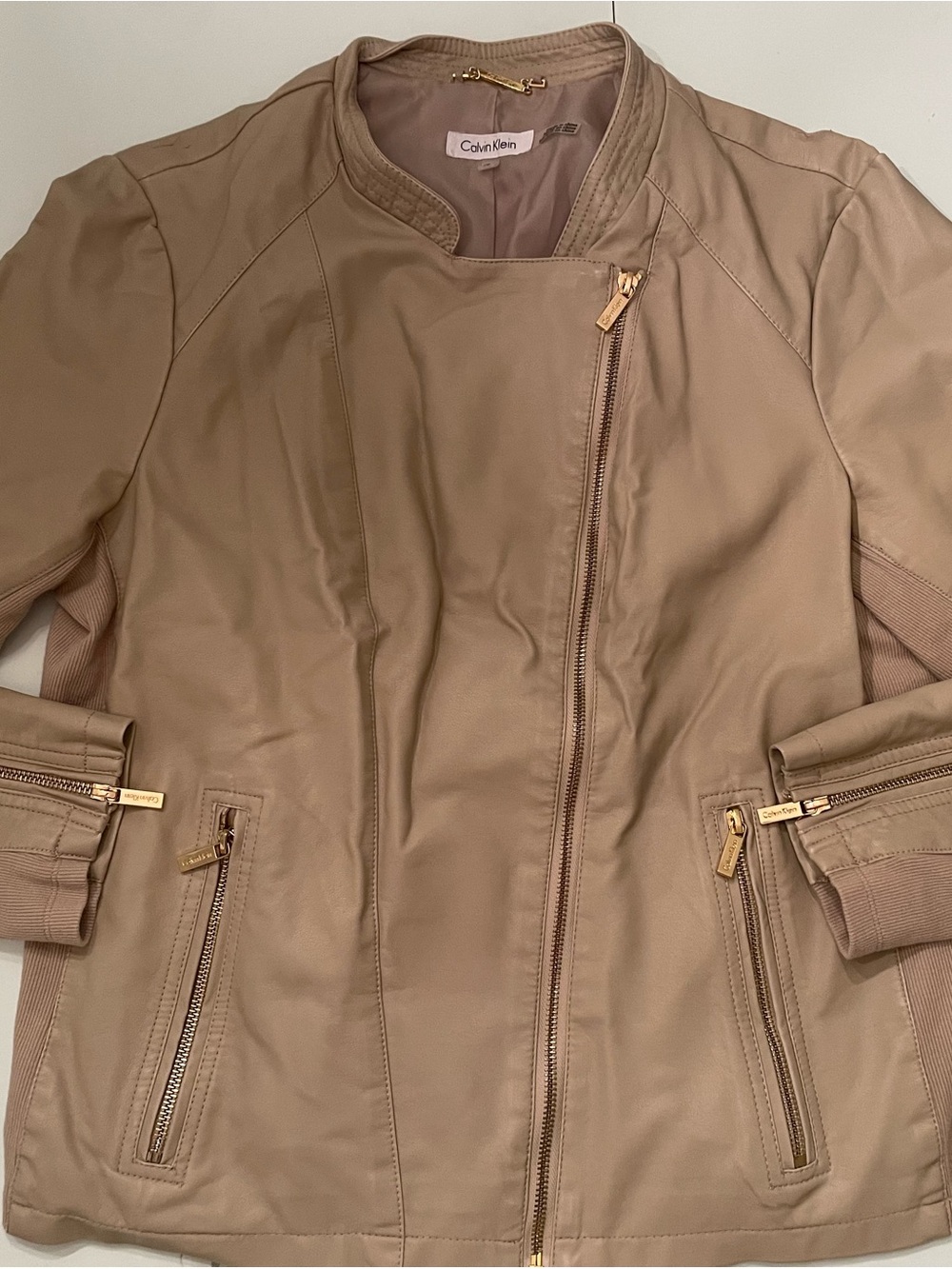 Calvin Klein Beige Leather Moto-Style Jacket
